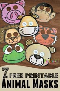 Printable Animal Masks are such a fun zoo theme kids activity for toddler, preschool, and kindergarten age kids. Includes pig, monkey, giraffe, lion, tiger, frog, and bear animals for kids #animals #toddler #preschoolers