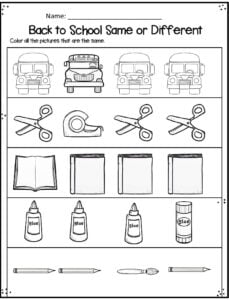 first day of school visual discrimination worksheets