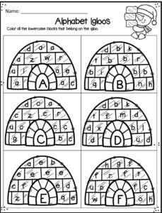 Alphabet Igloos Worksheet allows kids to practice letter recognition of upper and lowercase letters