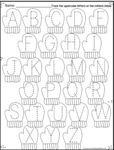 mitten worksheet to practice tracing uppercase letters