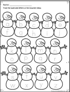 cute snowman worksheet to practice tracing lowercase alphabet letters