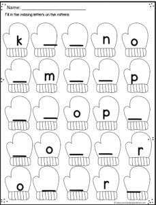 winter mitten worksheet to practice what letter is missing