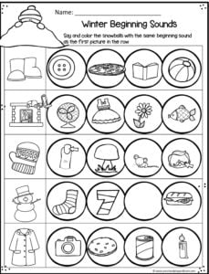 winter beginning sounds worksheet to practice phoincs with preschool and kindergarten age kids