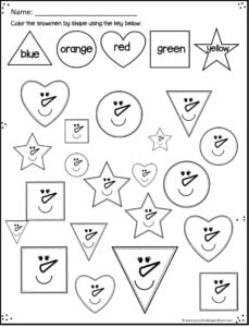 Winter Shape Worksheets to practice triangle, circle, heart, square and star shapes