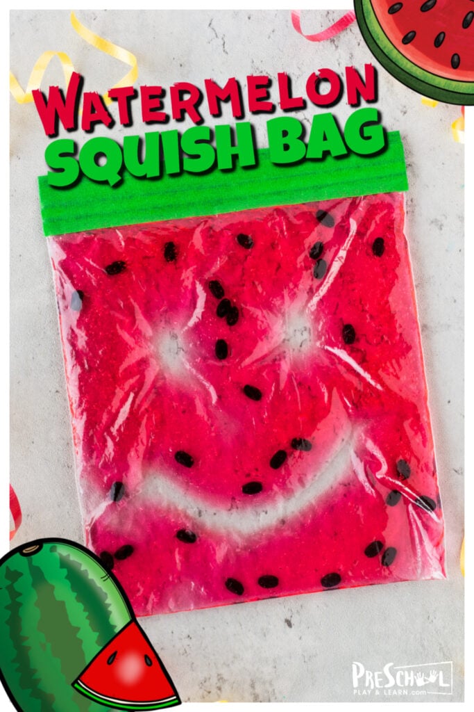 Looking for a quick, easy, and fun watermelon activities for preschoolers? This watermelon squish bag is a fun watermelon activity for children to use as a summer activity or along with a watermelon theme. This NO MESS activity allows toddler, preschool, pre-k, kindergarten, and first graders to draw, write letters, or squish the watermelon looking sensory bag. So simple, but so fun!