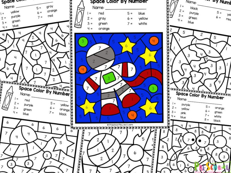 🚀 FREE Printable Outer Space Color By Number Preschool Worksheet