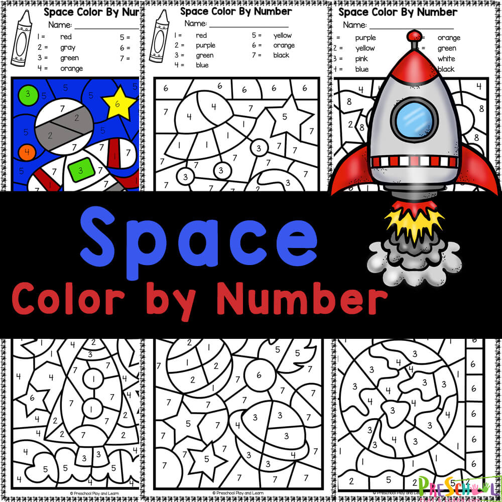 🚀 FREE Printable Outer Space Color By Number Preschool Worksheet