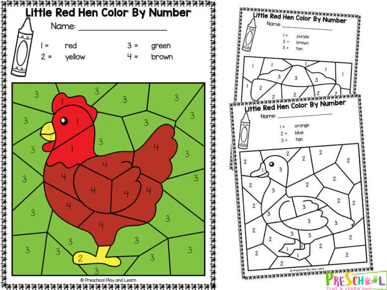 FREE Printable Little Red Hen Color by Number Worksheets