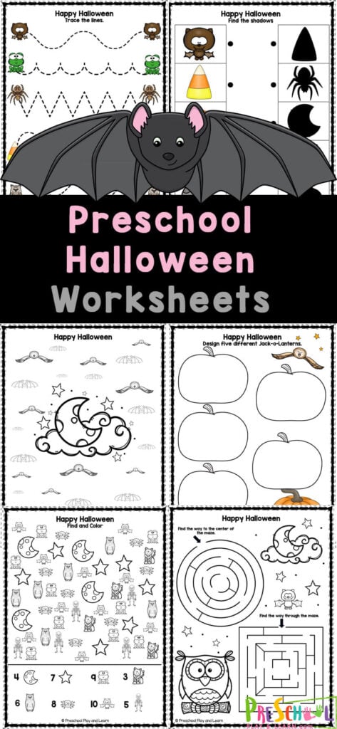 These fun and free Halloween Worksheets for preschoolers are perfect for helping your children in preschool work have fun while working on their fine motor skills, math and literacy skills.