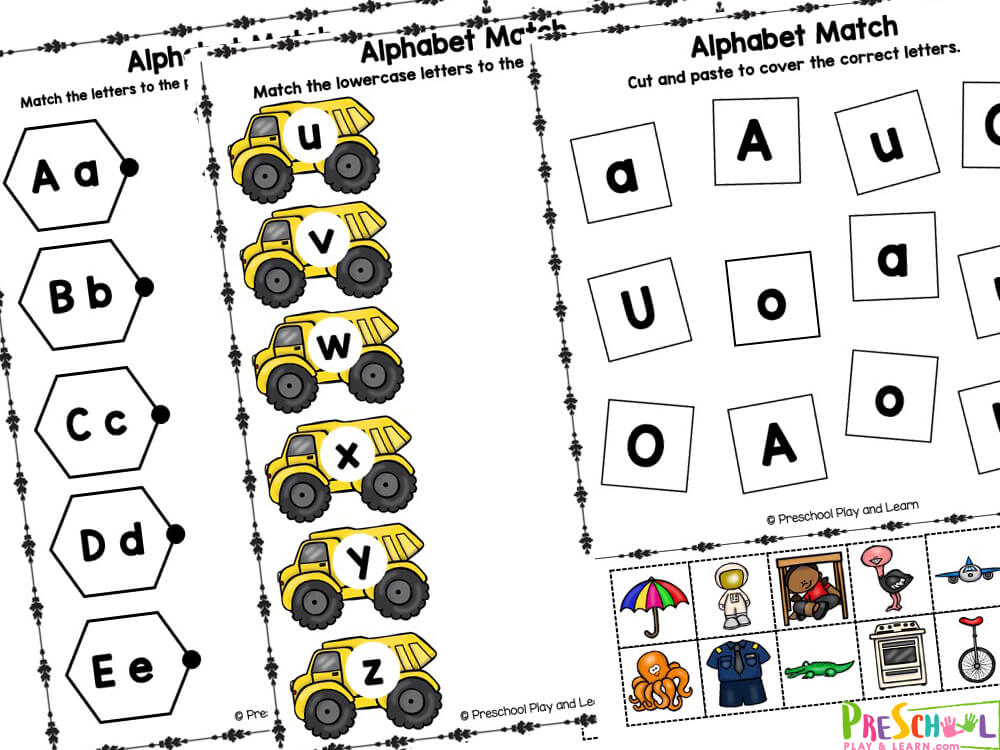 Circle the matching lowercase letter
Cut and paste to cover the correct letters
Match the lowercase letters to the uppercase letters