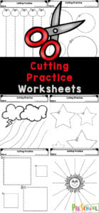 Children in preschool, pre-k, and kindergarten, will love improving their fine motor skills and cutting skills with this free printable cutting activities. Simply print the cutting practice worksheets for a no-prep way to improve coordination using scissors.  for three year olds and above. This pack of preschool cutting practice worksheets is filled with fourteen pages of different lines and different shapes for children to cut. 