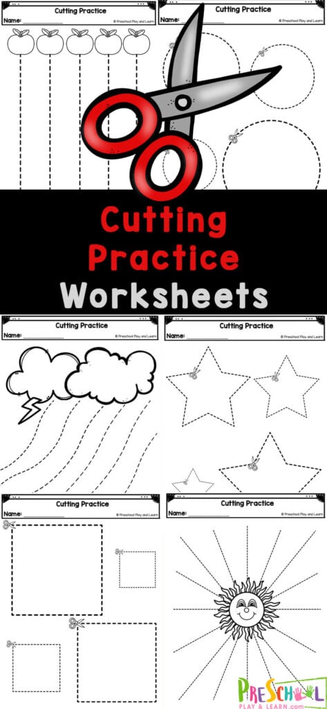 Children in preschool, pre-k, and kindergarten, will love improving their fine motor skills and cutting skills with this free printable cutting activities. Simply print the cutting practice worksheets for a no-prep way to improve coordination using scissors.  for three year olds and above. This pack of preschool cutting practice worksheets is filled with fourteen pages of different lines and different shapes for children to cut. 