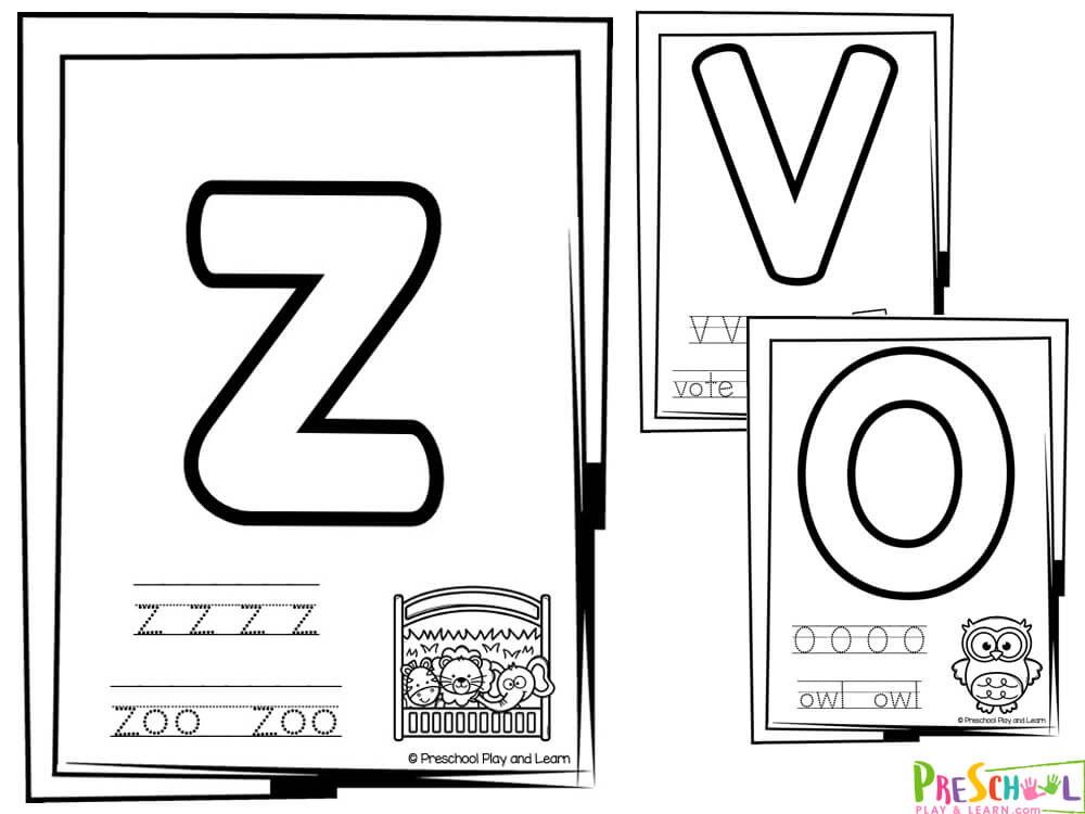 The letter coloring activities in this printable pack include:

A large letter to color in
The letter in lines to trace
A picture that begins with that letter
The name of the picture in lines to trace