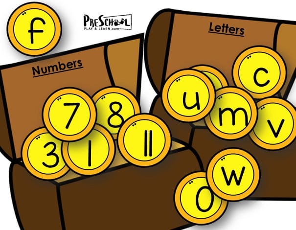 This numbers and letters printable transforms letter and number recognition into a thrilling treasure hunt. Imagine how much fun preschoolers and kindergartners will have as they become explorers, sorting a pot of gold coins with both letters and numbers. Whether you are a parente, teacher, or homeschooler - you will love this handy sorting letters and numbers practice that goes along with a pirate theme. The activity comes in color or black and white for your convenience.