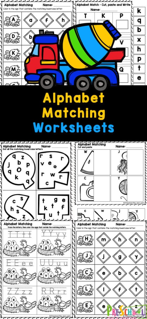 Preschoolers tend to be excited, eager learners who love preschool worksheets! Harness that love of learning with these alphabet matching worksheets for pre-k.  Simply print the pack of alphabet letter matching worksheets to help preschool and kindergarten age students work on abc match with free printable pages!