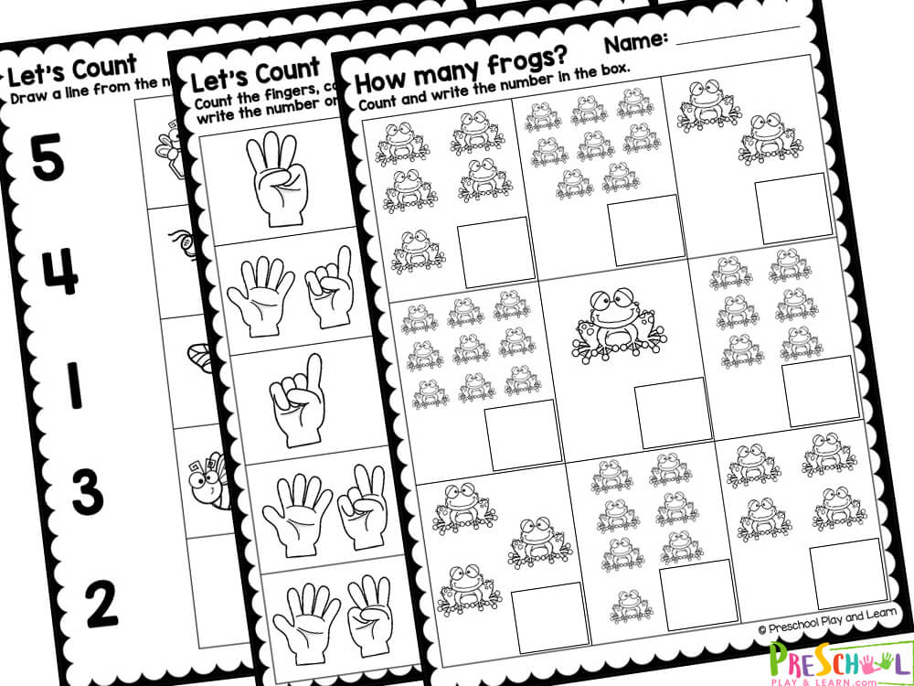 There are ten pages in this pack. 

Count the frogs and write the number in the box
Count the rabbits and write the number in the box
Count and color the answer
Count and draw a line to the correct number
Count the fingers, color the box with the correct number and then practice writing the number on the line
Find, count and write the number in the box