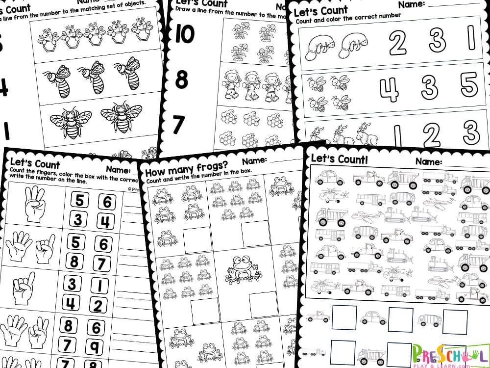 Make learning to count and associate a numeral with a set of objects fun with these handy, no-prep counting worksheets. These counting worksheets for preschool allow early learners to start learning some math, while still being playful and fun. Children will also work on fine motor skills as they color and strengthen hand muscles they will need for all the rest of their lives!  Whether you are a parent, teacher, or homeschooler - you will love these simple, free preschool counitng worksheets!