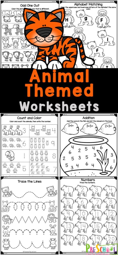 Make learning fun with cute animal worksheets for preschoolers! These free printable animal worksheets allow pre-k students to practice a variety of alphabet, numbers, counting, tracing lines, and more. Simply print the preschool animal worksheets and you are ready to play and learn!