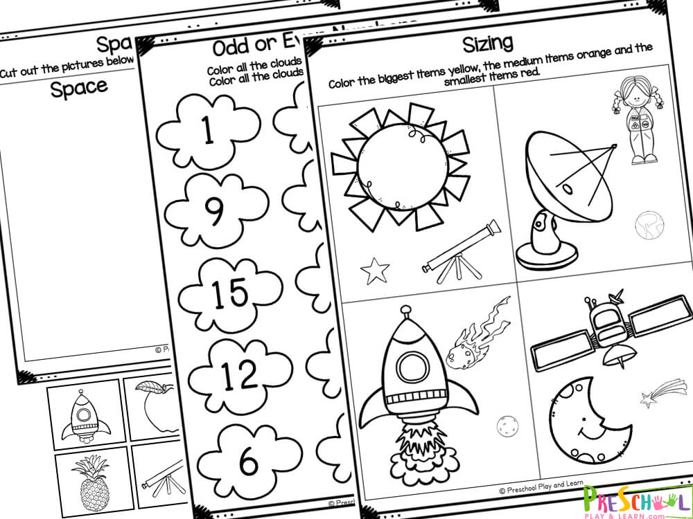 Space or Not - cut and paste pre-k worksheet
Trace the lines - pre-writing tracing pages
Odd One Out - cross out or color the image that is different from all the rest
Complete the Pattern - Cut and paste to finish the patterns
Trace the lowercase letters of the alphabet on the planets