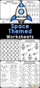 If you are look for some preschool space theme printables to add to your next theme or center, you will love these preschool worksheets! These space worksheets for preschoolers include a variety of alphabet, counting, numbers, coloring, and more to help children learn while having fun with outer space themed worksheets!