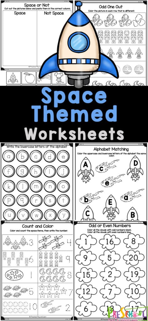 If you are look for some preschool space theme printables to add to your next theme or center, you will love these preschool worksheets! These space worksheets for preschoolers include a variety of alphabet, counting, numbers, coloring, and more to help children learn while having fun with outer space themed worksheets!