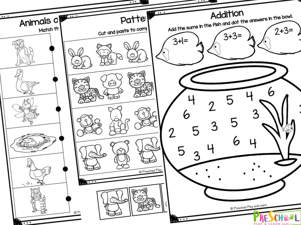 The animal clipart you will find in these themed preschool worksheets include elephant, zebra, gorilla, Rhinoceros, dog, goose, bee, pig, chicken, cat, jaguar, fox, bear, giraffe, groundhog, kangaroo, rabbit, ram, buffalo, monkey, chinchilla, sloth, lion, chameleon, snake, alligator, horse, hog, kiwi, owl, armadillo, eagle, whale, camel, hawk, spider, tapir, turtle, frog, butterfly, hummingbird, vulture, and fish.

Rhino Trace the uppercase letters of the alphabet
Color to match the sloth uppercase and bear lowercase letters of the alphabet
Color the animal pictures to match the sizing - small, medium and large
Hog Trace the numbers 1-20
Color the odd and even number horses following the code
Count, cool and trace the animal pictures
Count and paste the tally marks into the correct box
Simple Fish Addition withink 5