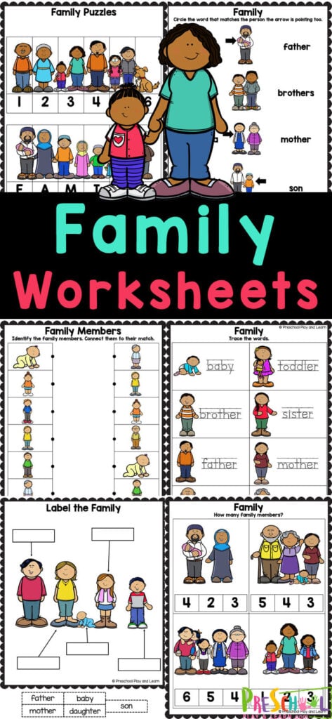 Help pre-k students learn all about their families! Grab these free printable family worksheets for preschool to make learning simple and fun. They will learn the names of different family members, make their own family tree, draw their own family, practice tracing, counting, strengthening hand muscles, and more!