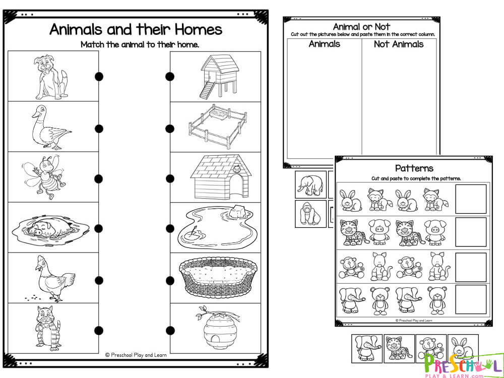 Animal or Not cut and paste worksheet
Draw a line to match the animals and their homes matching
Animals and their babies matching
Trace the lines to work on strengthening fine motor skills
Odd One Out -  which animal is different
Cut and paste to finish the animal patterns
Trace the lowercase letters of the alphabet