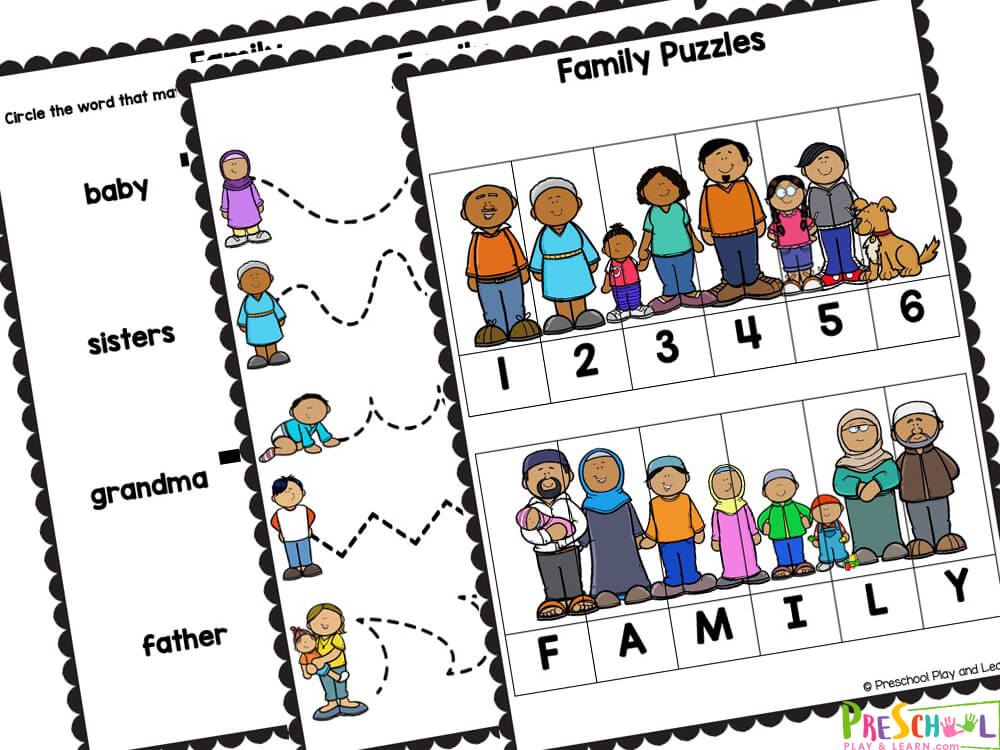 This set includes a variety of different families including: Caucasian, African American, Hispanic, Muslim, Asian, and more!

Cut and paste to label the members of the family
Look at the picture and circle the name of the family member the arrow is pointing too
How many members in each family?
my family tree worksheet
My family portrait
Color, cut and paste to show your family in the house 