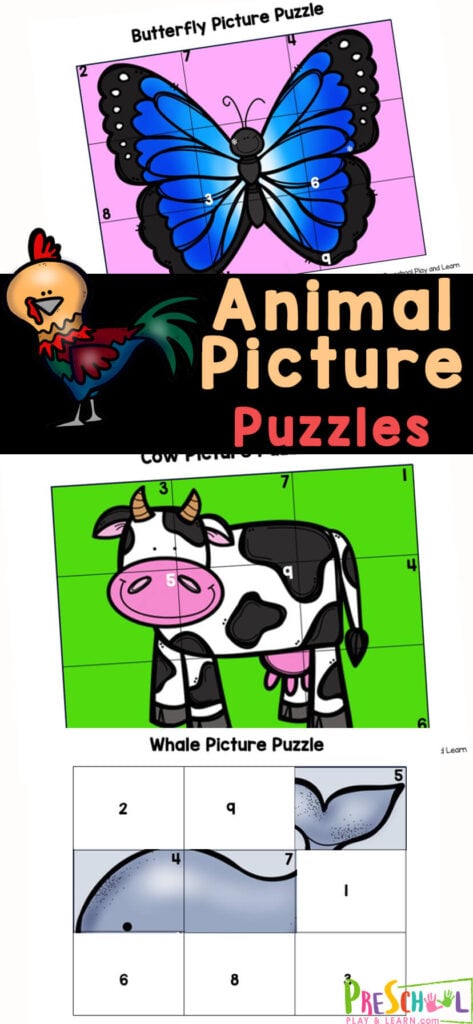 Grab these printable animal puzzles to help preschoolers work on number recognition, matching, and problem solving skills while having fun! This preschool math activity uses our free download of animal picture puzzles containing 12 different free printable animal puzzles to work with. Using printable puzzles for preschool allows children to practice math while having fun with an animal activity.