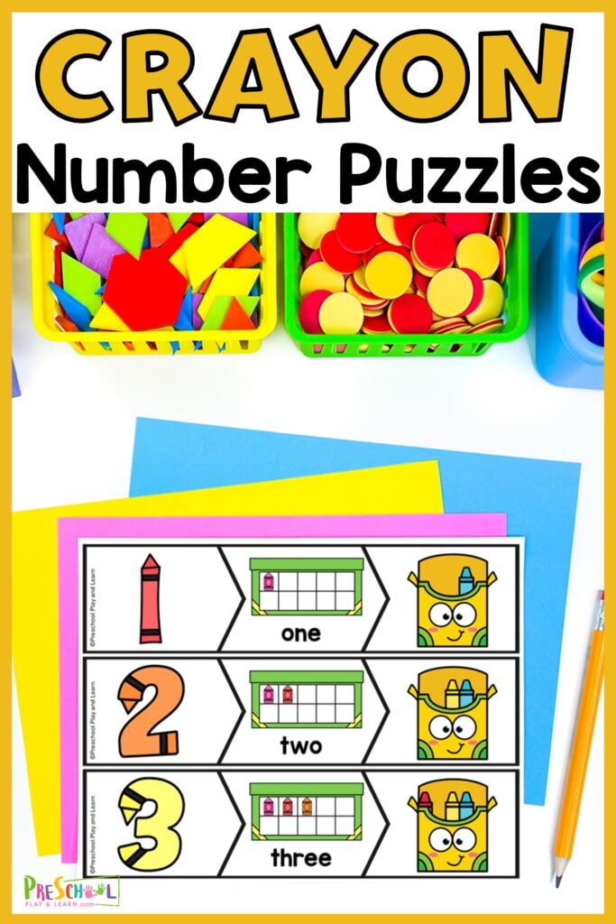 Grab some cute math puzzles to help children work on number sense. These crayon number puzzle 1-10 free printable allow children to practice counting and matching the corresponding numeral. Simply print the number puzzles for preschoolers and you are ready to play and learn!