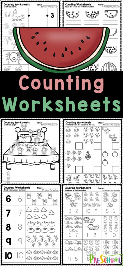 Help preschoolers child work on early math skills with these super cute counting worksheets. These 1-10 counting worksheets allow students to learn to recognize numerals, trace, and count cute pictures. Simply grab the free printable math pages, print the preschool counting worksheets, and you are ready for no-prep learning!