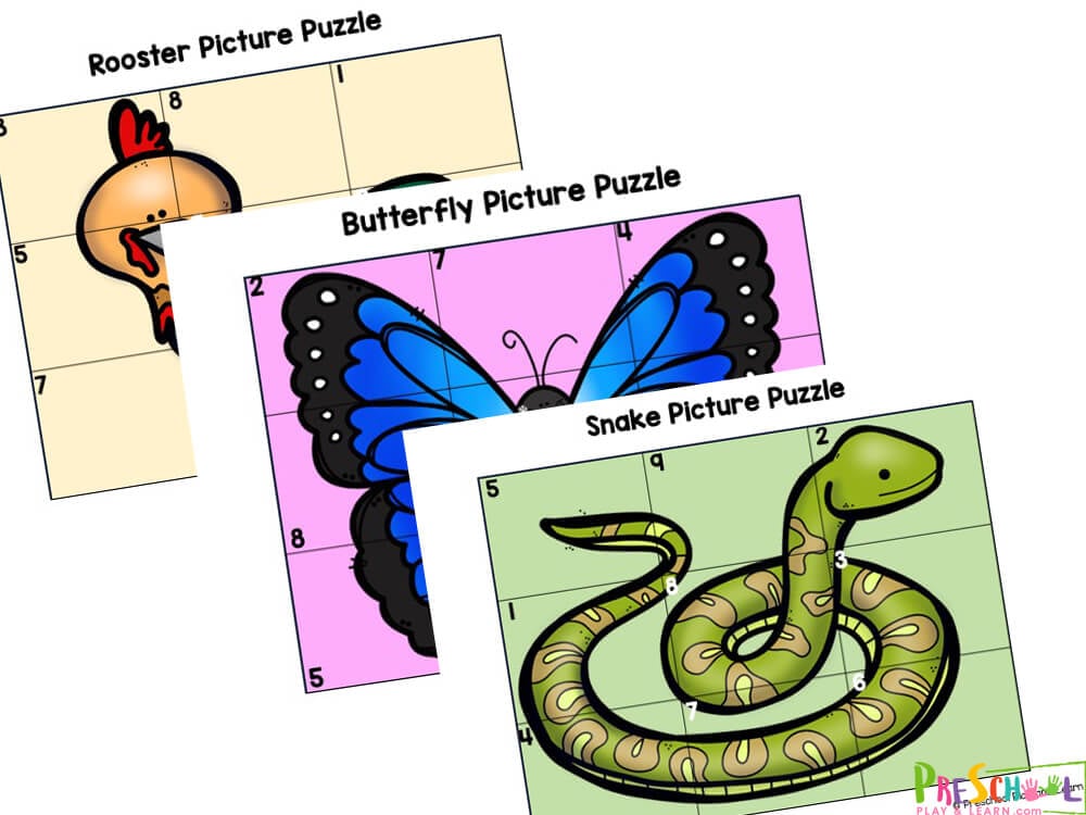 This preschool math activity not only works on problem solving, but also number recognition as children match the number on the puzzle piece and the puzzle board to start solving the problem.  The puzzles in this sent include images of the following animals: cow, crab, butterfly, toad, jellyfish, whale, grasshoper, turkey, rooster, lion fish, snake, and flying squirel. 