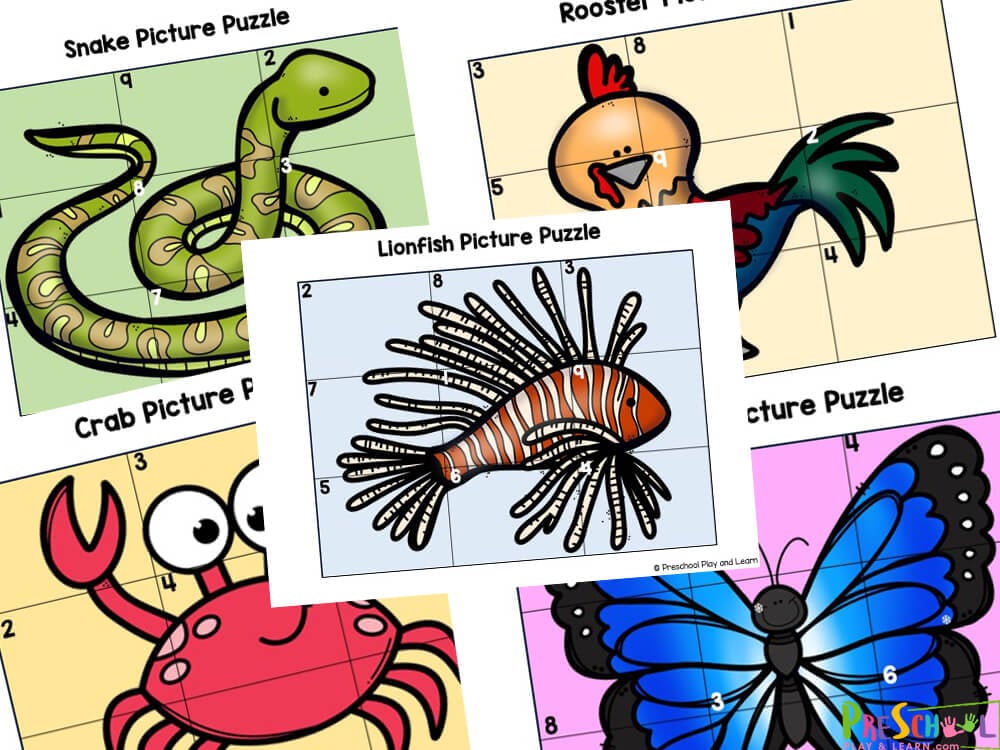 Use these free, printable animal puzzles to help children learn more about creating puzzles and the learn to recognize the numbers from 1 to 9.  These printable animal puzzles are handy for toddler, preschool, pre-k, and kindergarten age students. Children will love this preschool math activity where they will get to create super cute animal picture puzzles while havin gfun learning.  Whether you are a parent, teacher, or homeschooler – you will love using these free animal printables to practice at home, in the classroom, or as extra practice!