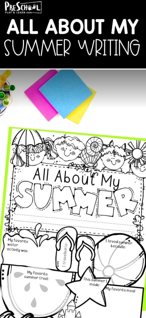 As we ease kids out of summer mode and back towards learning, it is fun to take a moment to use All about my summer to help kids learn to express themselves, and work on literacy skills at the same time. This free printable summer graphic organizer is a super cute and handy resource for parents and teachers alike. Simply print the summer worksheets for preschoolers and kindergarten to use as writing prompt.