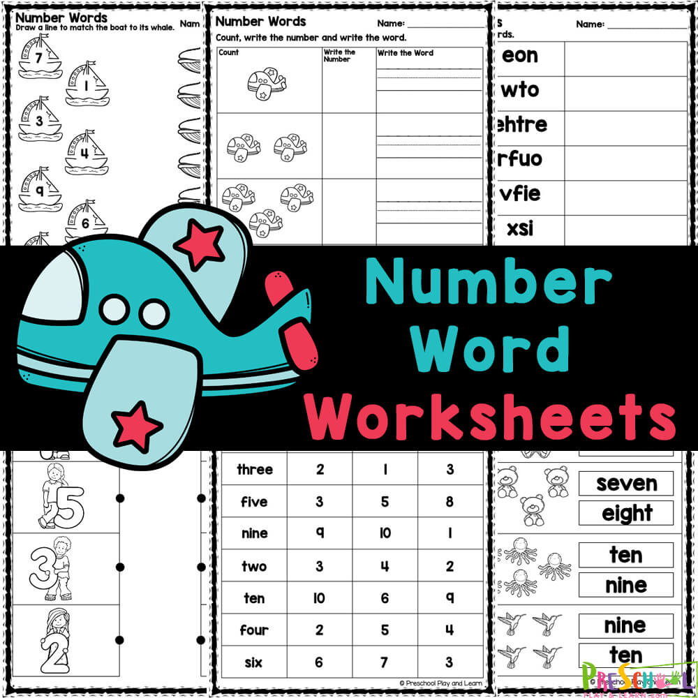 Download these free printable math worksheets to help preschoolers and kindergartners practice number words 1-10 while having fun!