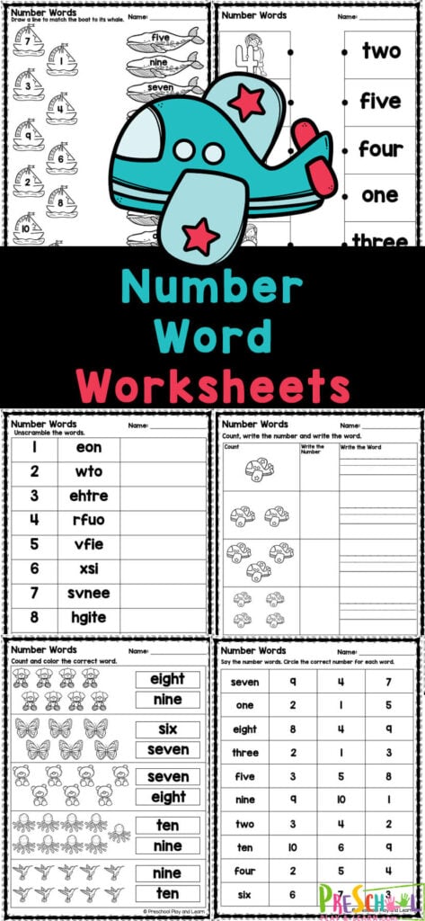 Help preschoolers and kindergartners learn number words with these free printable math worksheets. These number word worksheets include a variety of activities to practice reading, spelling, and matching numerals with their number word 1-10. Simply print the number words 1-10 worksheets pdf and you area ready to play and learn!