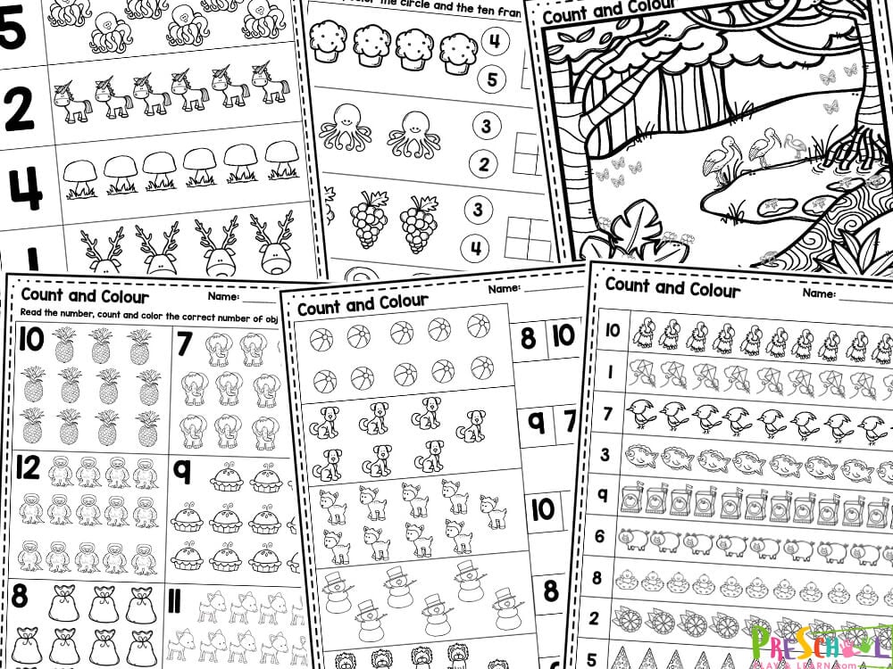 Our Count and Color worksheets are the perfect solution to help young minds develop essential counting and motor skills through fun activities.  These colour and count worksheets not only capture the attention of preschoolers an dkindergartners, but also provide a fantastic way for them to practice numbers and colors. By encouraging kids to color in the pictures while counting various items, you can help them improve their fine motor skills and hand-eye coordination. Plus, it makes learning so much fun!