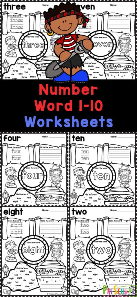 Ahoy There, Me Hearties! Young children in preschool, pre-k, and kindergarten will love working on number word 1-10 with these super cute, pre k worksheets pdf free download.  Simply print the number word worksheets and students will get a chance to practice learning number words one to ten.