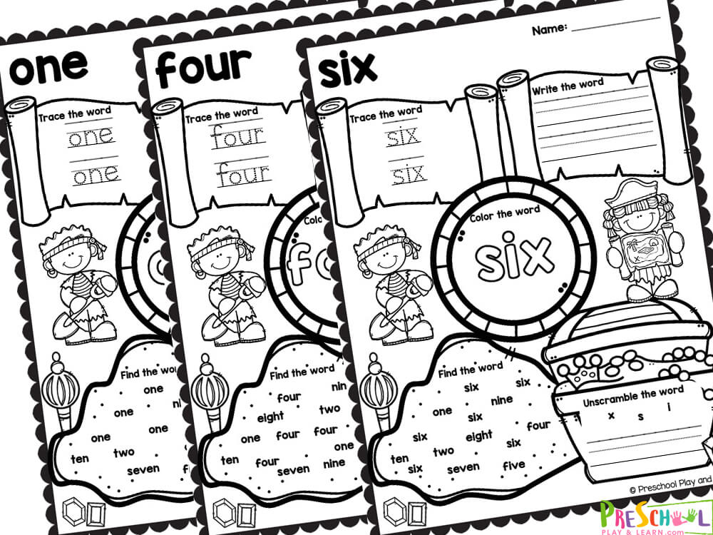 Young children love getting worksheets to do. They love feeling like big kids, while gaining a great sense of accomplishment as they finish the pages.  Plus toddlers, kindergarteners, and preschoolers worksheets are so much cuter than the free worksheets older students get.  While learning about the numbers from one to ten, children will work on number recognition and counting. Finally, these free worksheets help kids work on strengthening fine motor skills and strengthening hand muscles they will need as they begin writing and recognize the numbers.