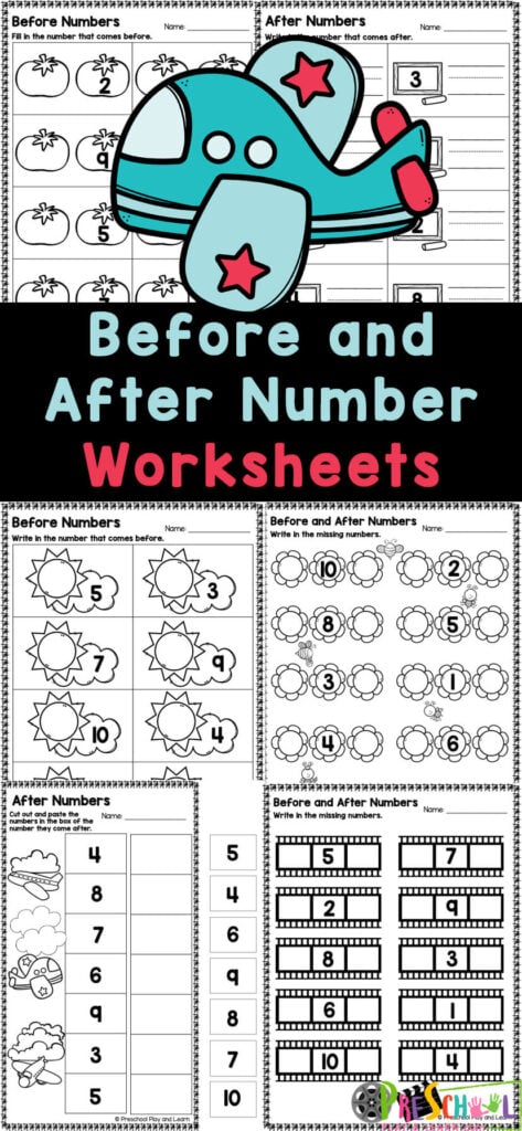 Sneak in math practice using fun, free printable before and after numbers worksheets. These after before worksheets require no prep, and are perfect for preschool, pre-k, and kindergarten age students. Simply print the before and after worksheet and you are ready to practice with numbers 1-10.