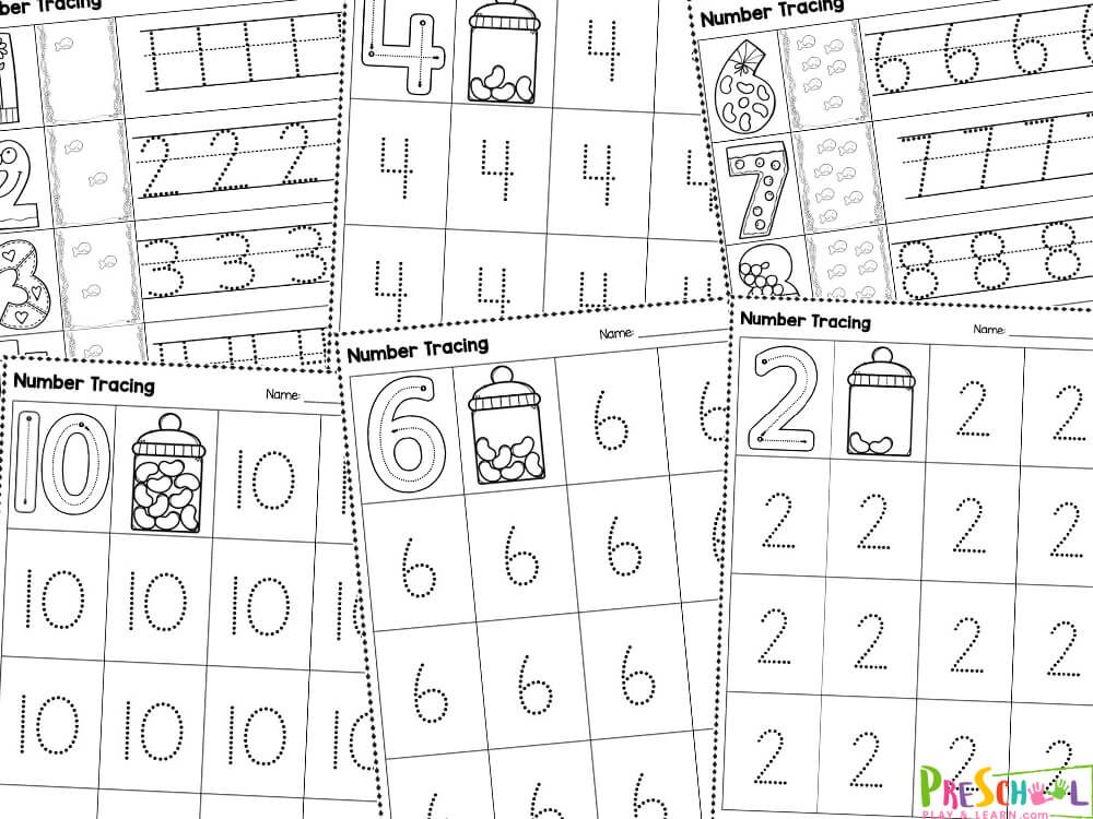 These free number tracing worksheets allow you to quickly and easily sneak in some extra practice forming numerals. These 1 to 10 Traceable Numbers Worksheets have a page to practice each number one to ten, plus a page with all numbers. Plus students can sneak in some practice counting too.