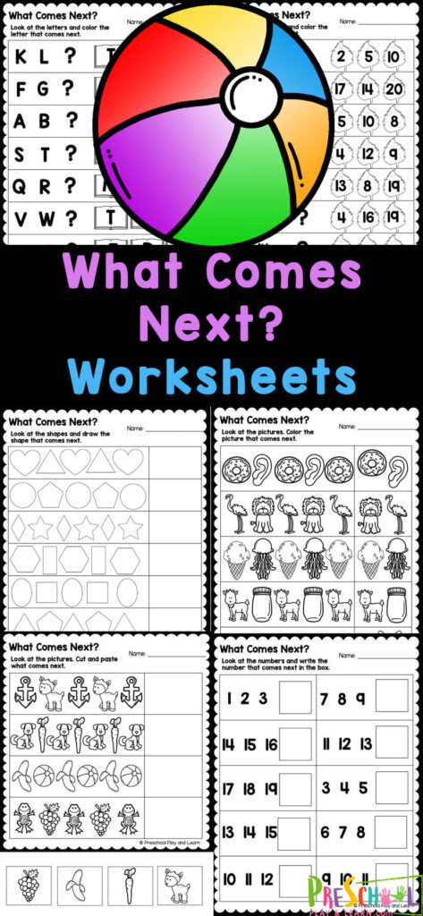 Grab these what comes next worksheets to help preschool, pre-k, and kindergarten age students practice critical thinking skills. This free printable finish the pattern worksheets pack includes numbers, letters, shapes, and pictures. Simply print the math worksheets for preschoolers and you are ready to play and learn!