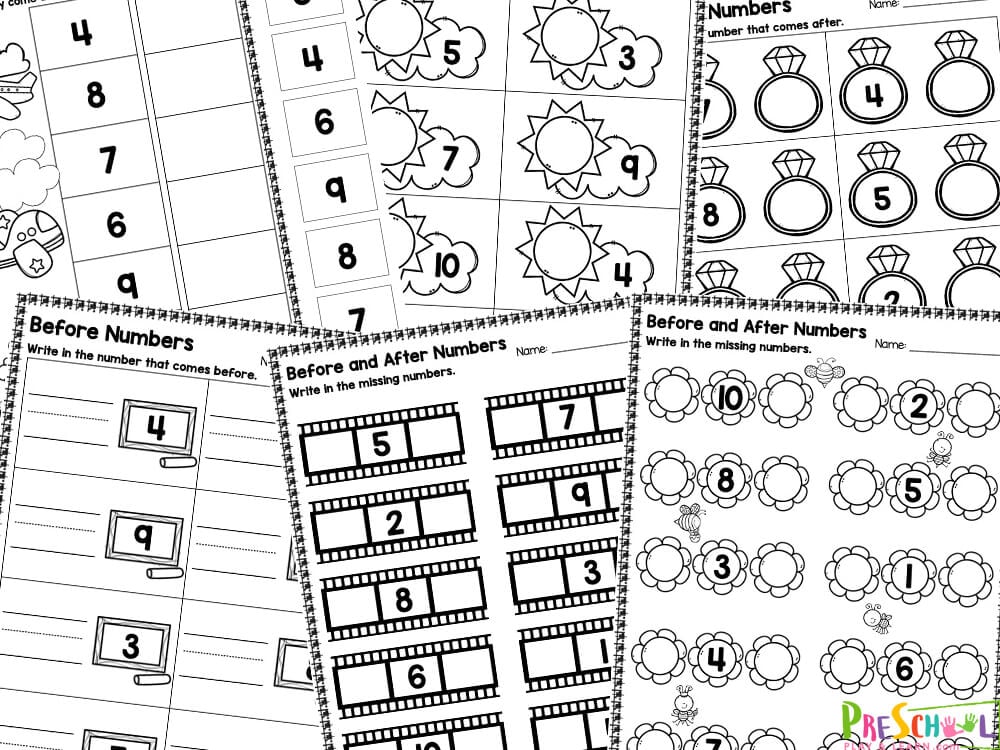 A simple way to work on math with preschoolers and kindergartners is with free math worksheets. To help students understand the concep of what number comes before and what number comes after, we've created these before and after numbers worksheets. Using cute clipart and a variety of exercises will make sure students grasp the concept with numbers 1 to 10 worksheets. 