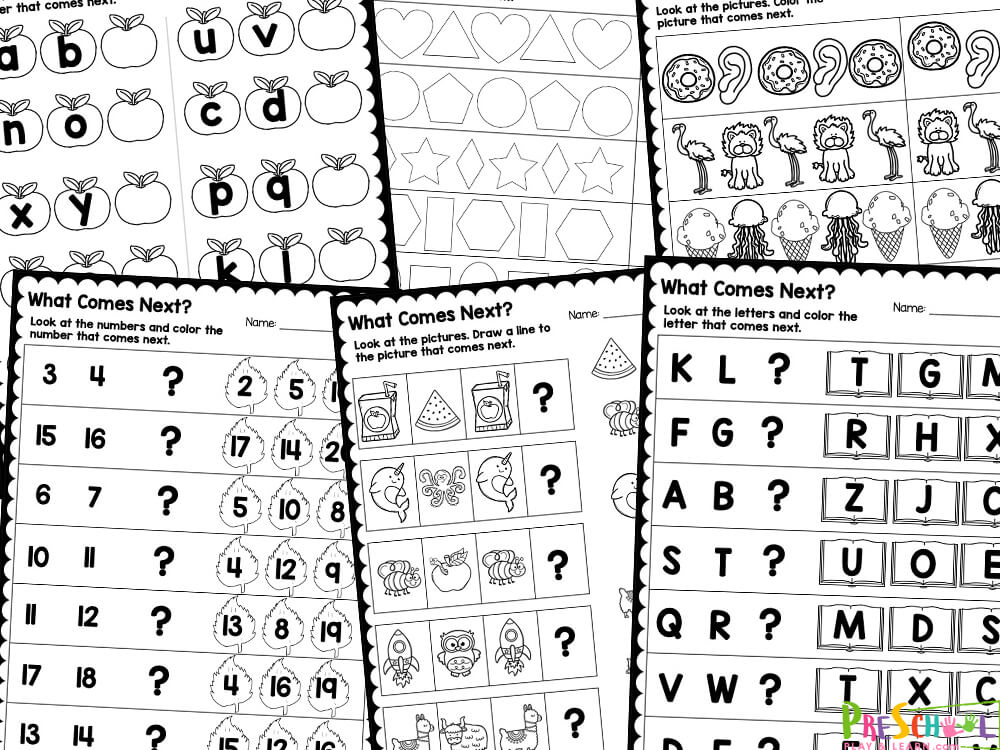 Children will love these fun, and free What comes Next? Worksheets. These What comes next in the pattern worksheets are perfect for preschoolers, kindergartners, and grade 1 students. The finish the pattern worksheets allow students to work on visual discrimination, deductive reasoning, and problem solving skills to complete these free preschool worksheets. 