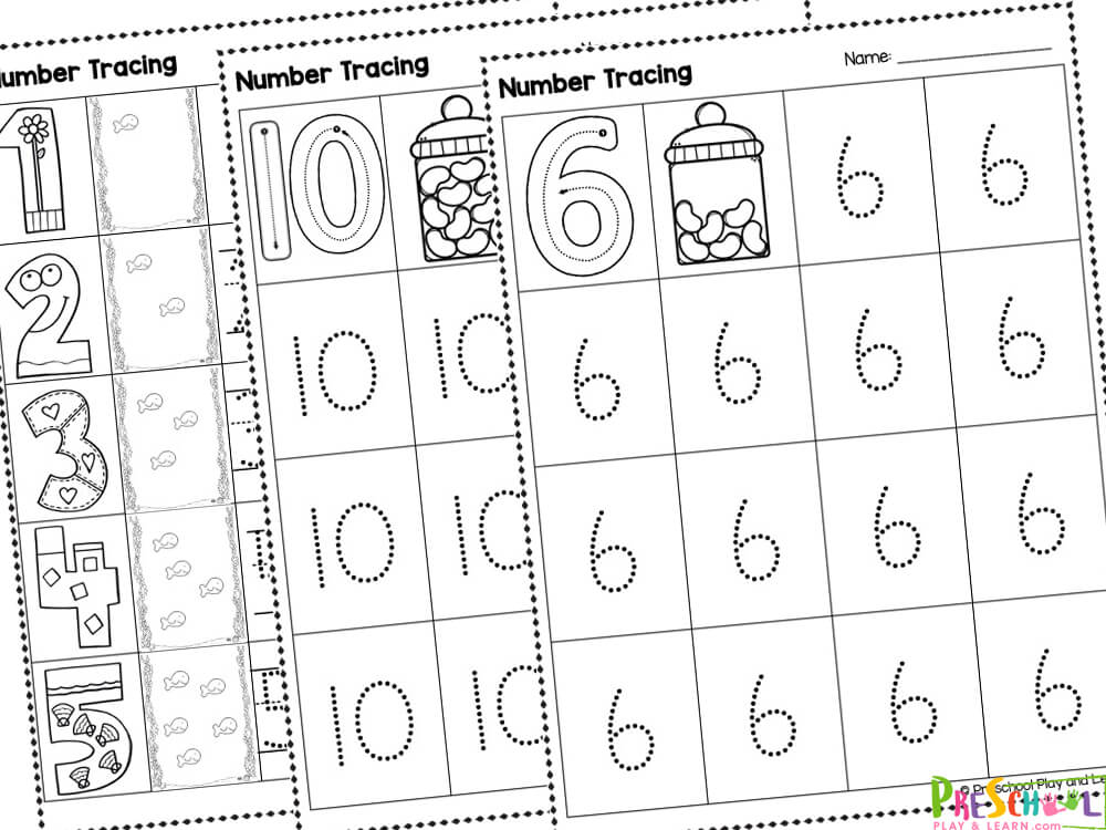 One page for each of the numbers from 1 to 10. Each page contains a variety of activities - trace the large number, count and color the jelly bean, and trace the numbers.