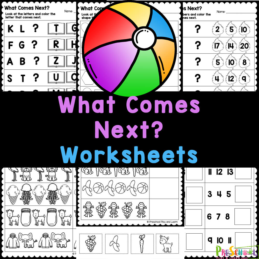 Get your free printable What Comes Next worksheets to work on critical thinking skills finishing patterns - numbers, letters, shapes, & pictures!