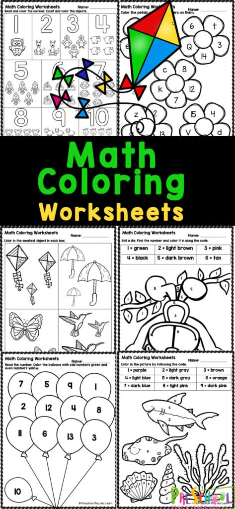 These math coloring pages are a great way to work on fine motor while learning about numbers, counting and shapes. Kids will have fun learning about numbers to 20 with these free printable math coloring worksheets. Use these maths colouring sheets with preschool, pre-k, and kindergarten students. Simply print the pre k math worksheets and you are ready to play and learn!