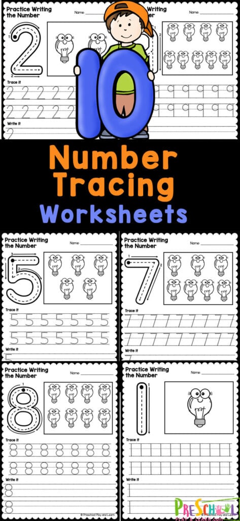 Make practicing writing numerals 1-10 simple and fun with with these number tracing worksheets. There free printable tracing numbers 1-10 pages help pre-k, and kindergarten age children work on recognizing, tracing, counting, and writing numbers to 10. Simply print the number tracing worksheets for preschool pdf and you are ready to go!