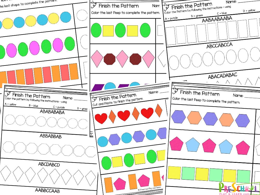 Simply print these free preschool math worksheets and watch your child thrive! Whether you are a parent, teacher, or homeschooler – you will love these patterns using shapes worksheets. These free shape patterns for preschoolers pages come in various options including color and black and white. 